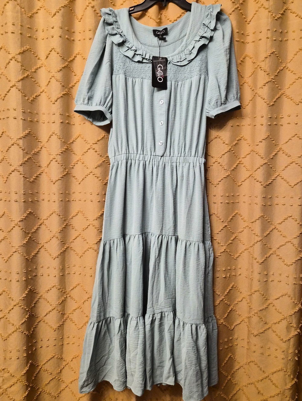 GiGiO Sage Green/Blue Ruffle-Trim Tiered Maxi Dress